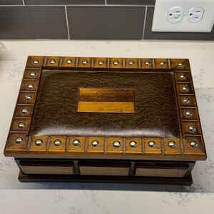 Vintage Brown Wooden Box with leather  Accents